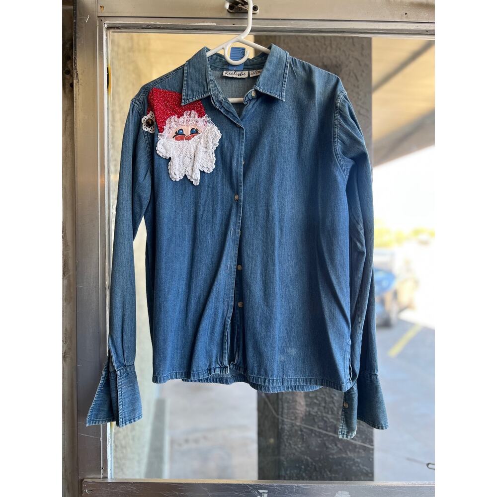 Vintage denim Santa bell Christmas xmas holiday festive size M